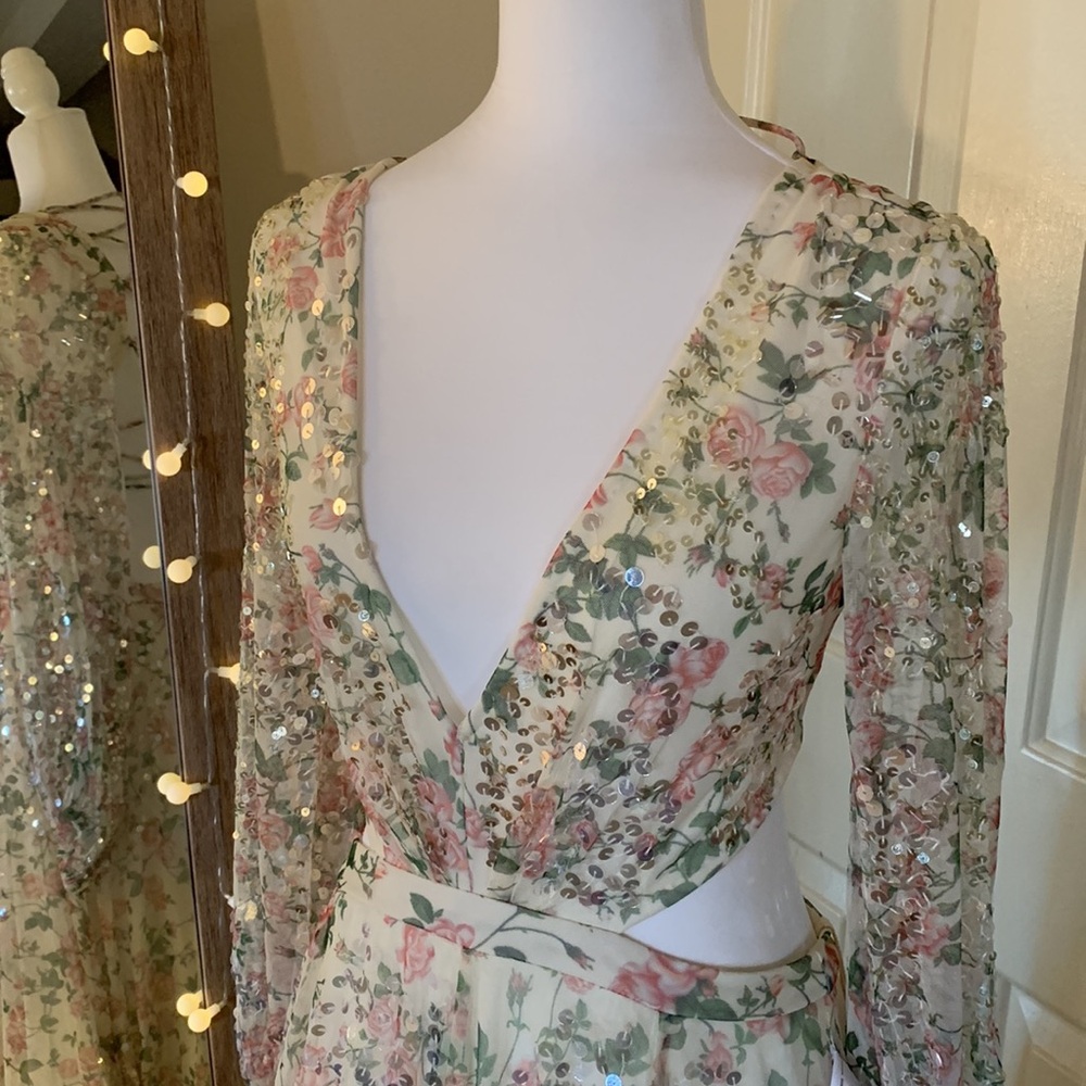 Mac Duggal Sequined Floral Print Cutout Lace-Up Gown Anthropologie - Picture 5 of 14